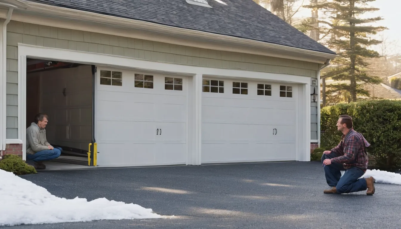 A local provider checking the track of a residential garage door on a Jersey City home while a homeowner watches