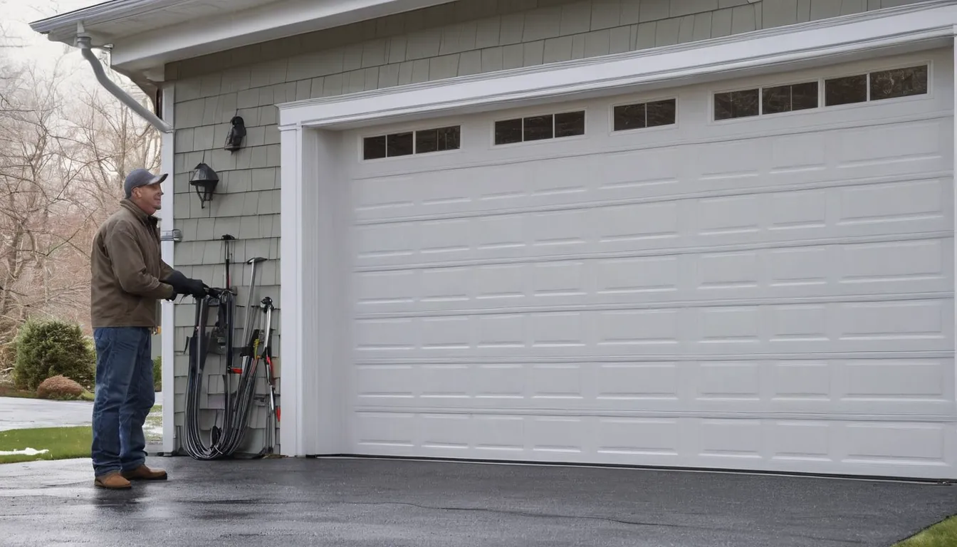 A local garage door provider checking a torsion spring on a home garage door in Jersey City