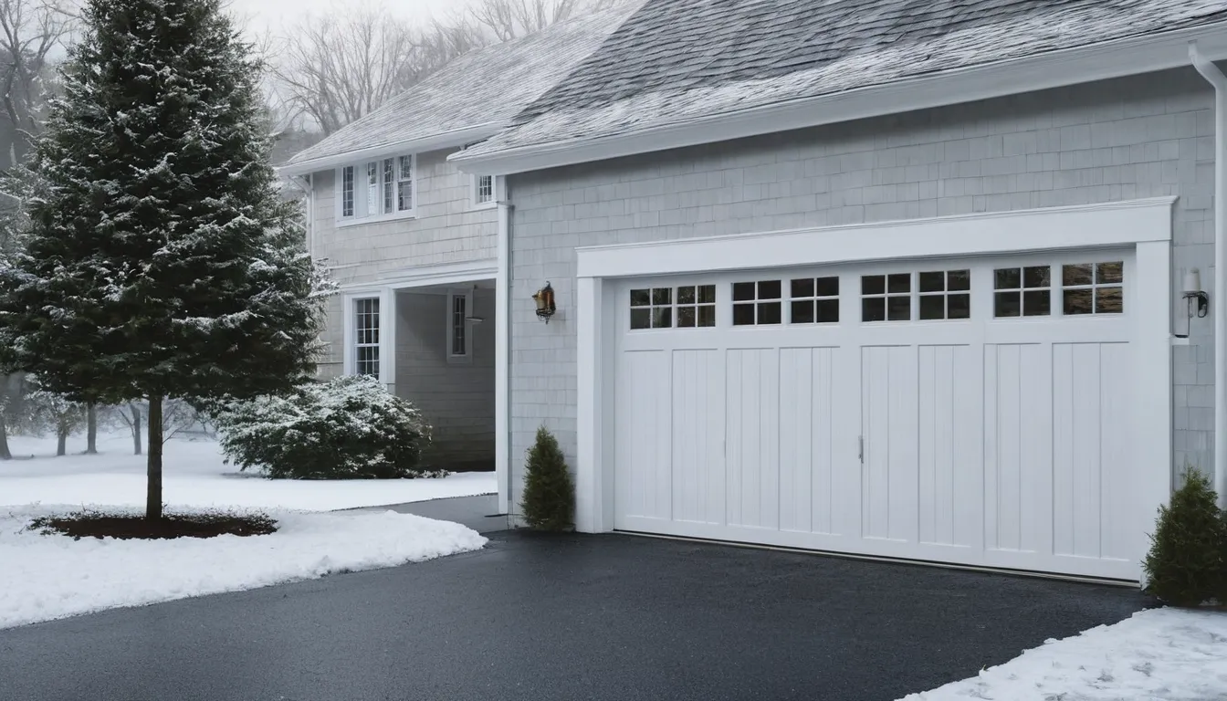 A homeowner checking a closed garage door on a snowy morning in Jersey City